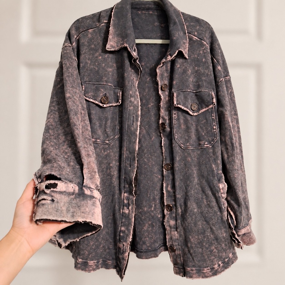 Oversized Mineral Wash Shacket L Charcoal Thrashed Grunge Boho Raw Edge Jacket
